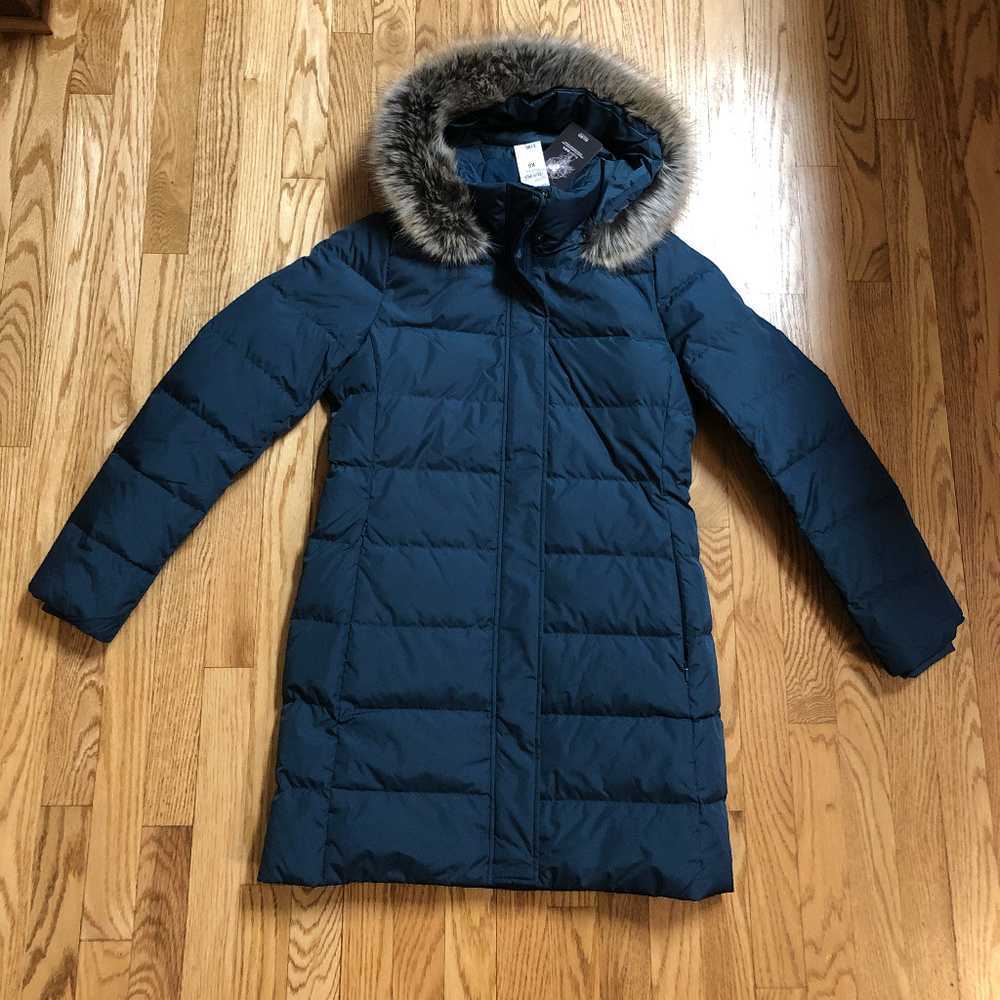 Lands End Long Down Coat Faux Fur Hood Size XS NWT